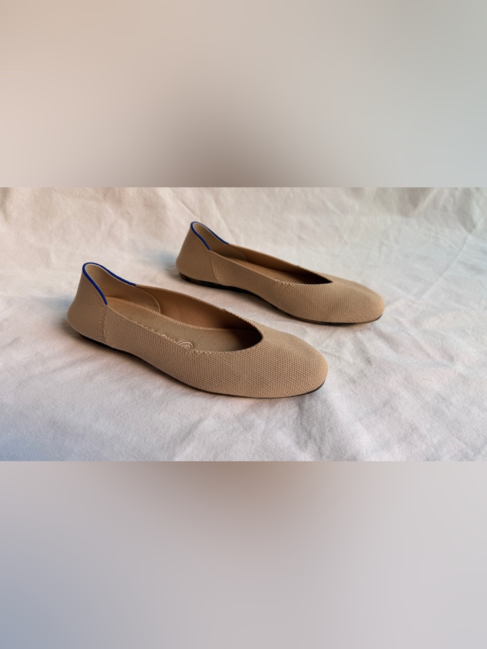 Rothy’s Beige Cream Ballet Flats Shoes Slip On Ankle Tie Square Toe Knit 7 or 7.